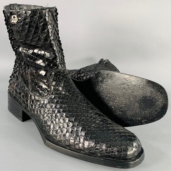 GIANNI VERSACE Size 8 Black Python Leather Side Zipper Ankle Boots - Picture 5 of 9